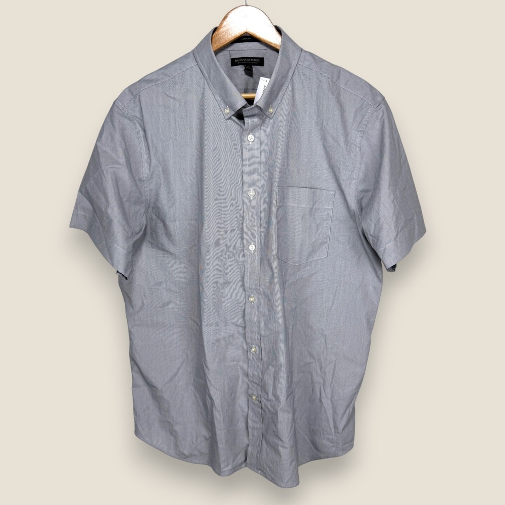 Banana Republic Slim Flex Fit Short Sleeve Button Shirt Men XL Gray Striped Tech